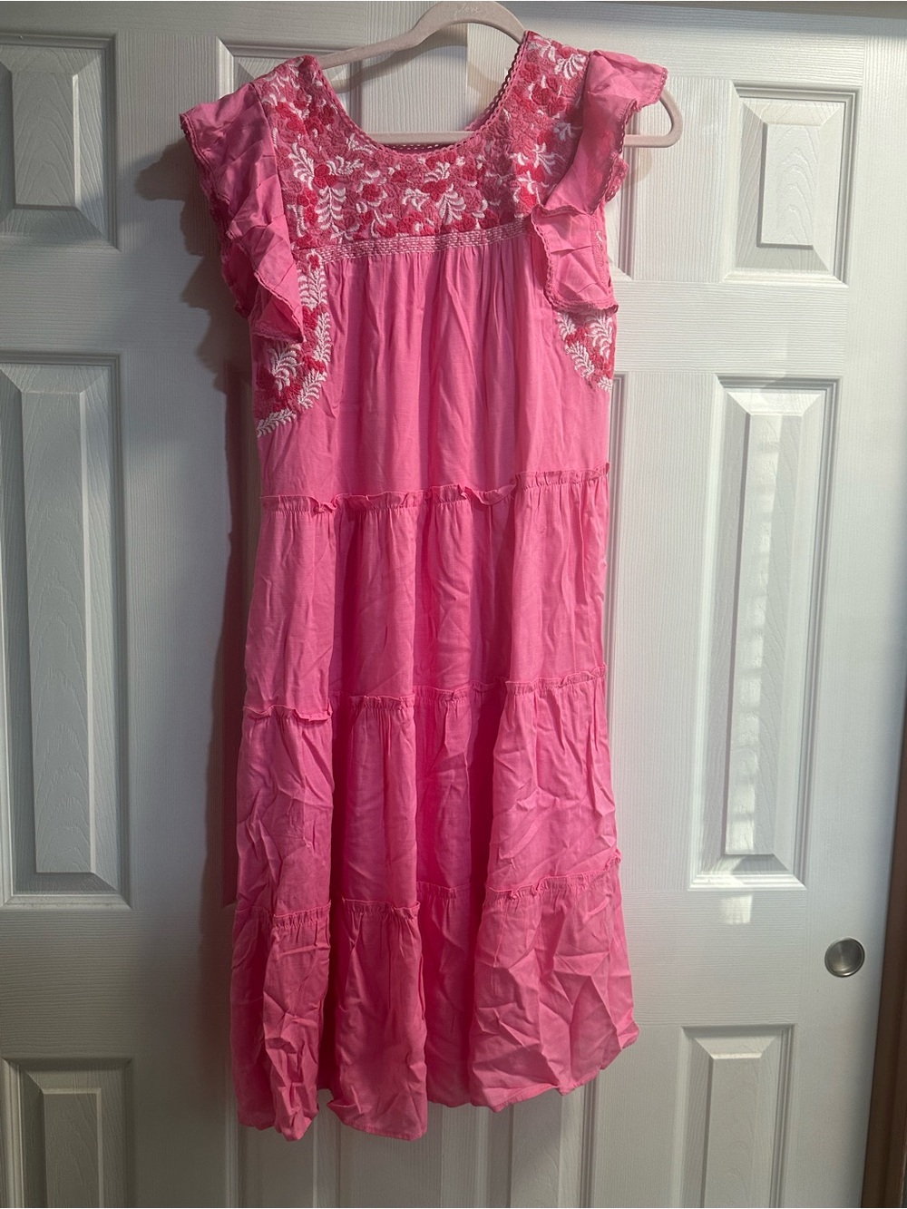 Embroidered Pink Tiered Midi Dress with Ruffles